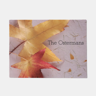 Two fall leaves on texture doormat