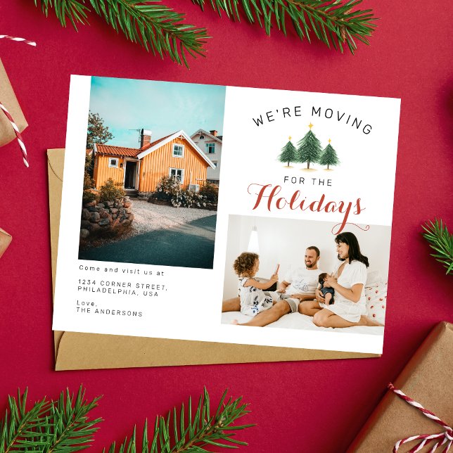 Two Family Photo Christmas Tree We're Moving Announcement Postcard (Creator Uploaded)