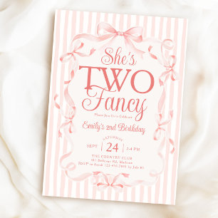 Two Fancy Blush Pink Bow 2nd Birthday Invitation