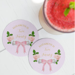 Two Fancy Bow Floral Birthday Round Paper Coaster