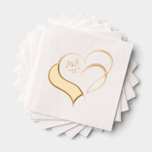 Two Fancy Gold Foil Hearts Wedding Monogramed Napkins