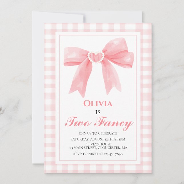 Two Fancy Pink Bow preppy Coquette 2nd birthday Invitation (Front)