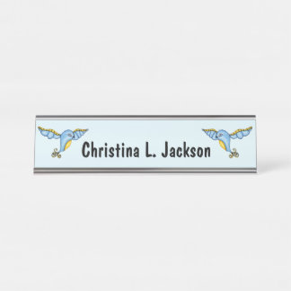 Two Fantasy Flying Bluebirds Yellow Scrolled Tails Desk Name Plate