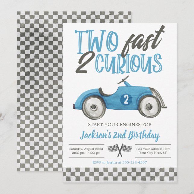 Two Fast 2 Curious Birthday Invitation, Boy Racing Invitation (Front/Back)