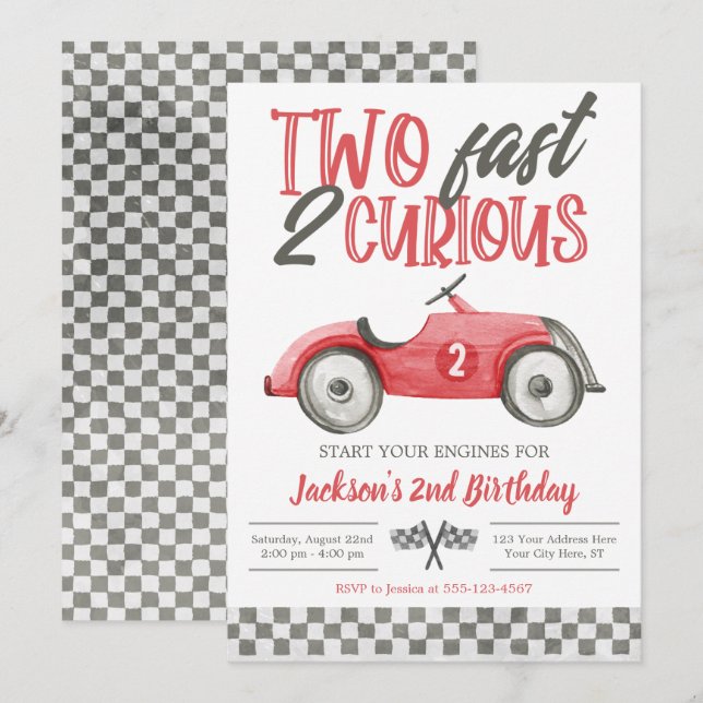 Two Fast 2 Curious Birthday Invitation, Boy Racing Invitation (Front/Back)