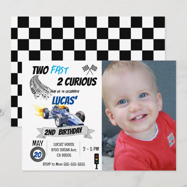 Two Fast 2 Curious Photo Race Car 2nd Birthday  Invitation (Front/Back)