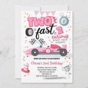 Two Fast 2 Curious Racing Car Pink 2nd Birthday Invitation