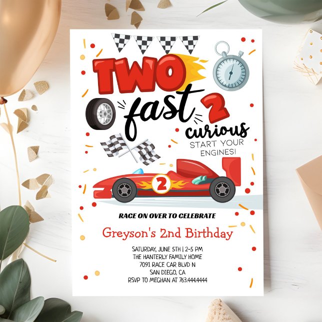Two Fast 2 Curious Racing Car Red 2nd Birthday Invitation (Creator Uploaded)