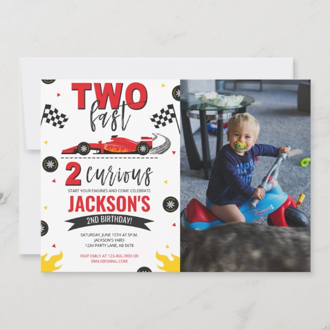 Two Fast 2 Curious Red Photo Invitation (Front)