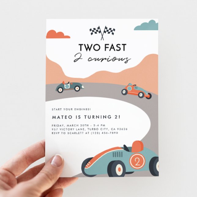 Two Fast 2 Curious Retro Race Car 2nd Birthday Invitation (Creator Uploaded)