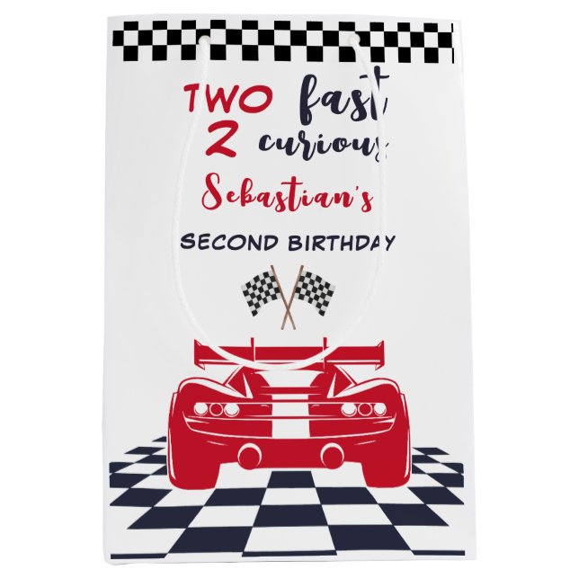 Two fast 2 curious second kids birthday medium gift bag (Front)