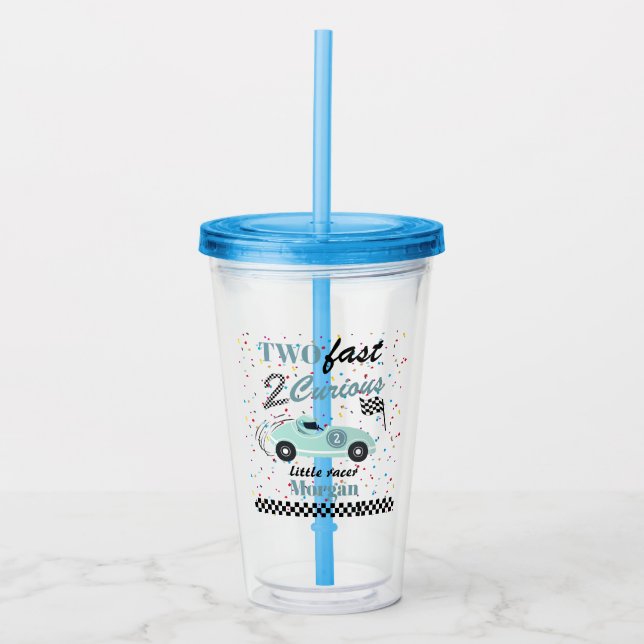 Two Fast 2Curious Blue Sports Car Second Birthday  Acrylic Tumbler (Front)