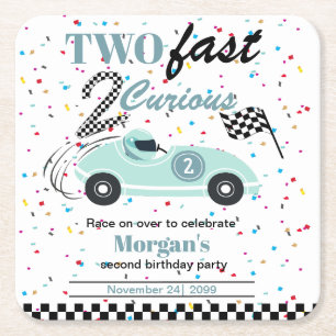Two Fast 2Curious Blue Sports Car Second Birthday  Square Paper Coaster