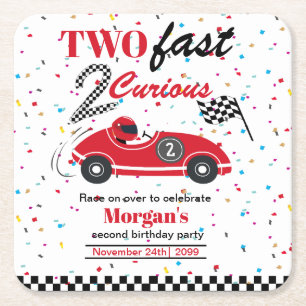 Two Fast 2Curious Red Sports Car Second Birthday Square Paper Coaster