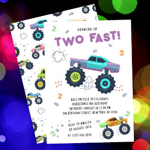 Two Fast 2nd Birthday Colourful Monster Trucks Invitation