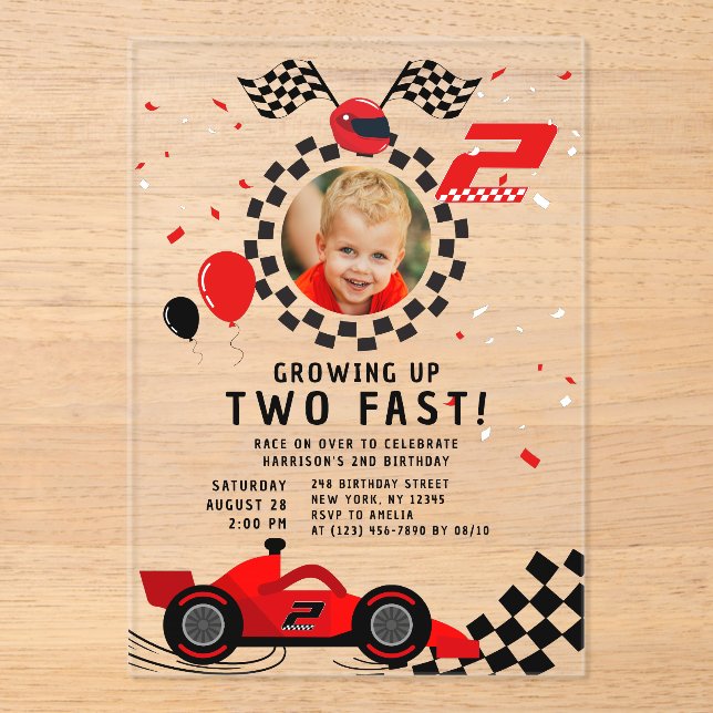 Two Fast 2nd Birthday Kids Cute Red Racing Car Acrylic Invitations (Front)