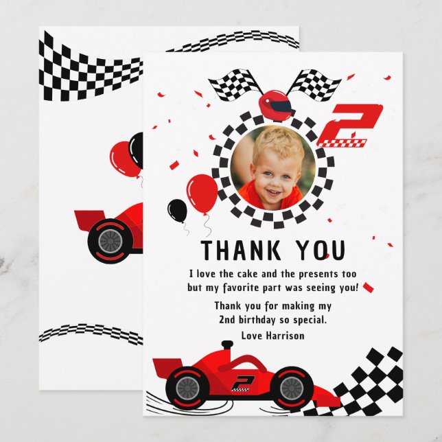 Two Fast 2nd Birthday Kids Cute Red Racing Car Thank You Card (Front/Back)