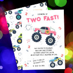 Two Fast 2nd Birthday Kids Monster Car Trucks Invitation<br><div class="desc">Two Fast 2nd Birthday Kids Monster Car Trucks Invitation features cute and colourful monster car trucks with the text "Two Fast" in modern pink typography script accented with the number 2 and doodles. Perfect for kids second birthday party celebrations. Send in the mail or simply download the shareable downloadable digital...</div>