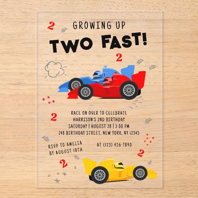 Two Fast 2nd Birthday Kids Racing Cars Acrylic Invitations (Front)