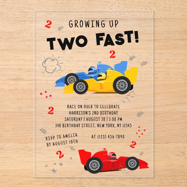 Two Fast 2nd Birthday Kids Racing Cars Acrylic Invitations (Front)