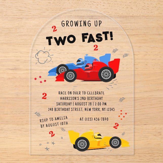 Two Fast 2nd Birthday Kids Racing Cars Acrylic Invitations (Front)