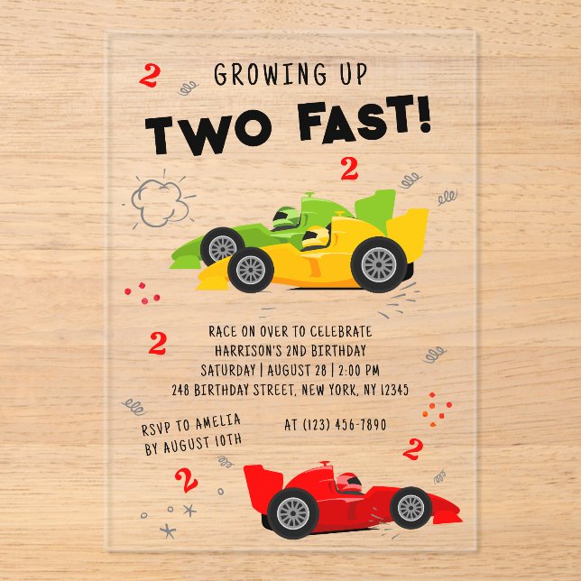 Two Fast 2nd Birthday Kids Racing Cars Acrylic Invitations (Front)