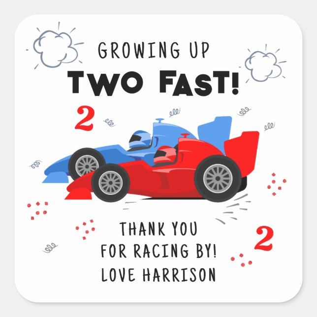 Two Fast 2nd Birthday Kids Racing Cars Custom Square Sticker (Front)