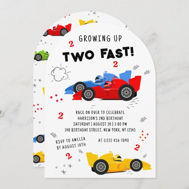 Two Fast 2nd Birthday Kids Racing Cars Invitation (Front/Back)
