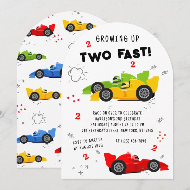 Two Fast 2nd Birthday Kids Racing Cars Invitation (Front/Back)