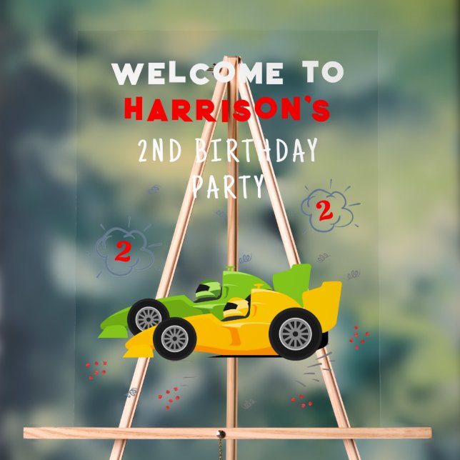 Two Fast 2nd Birthday Kids Racing Cars Welcome Acrylic Sign (Neutral)