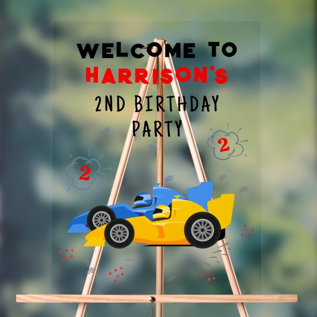 Two Fast 2nd Birthday Kids Racing Cars Welcome Acrylic Sign (Neutral)