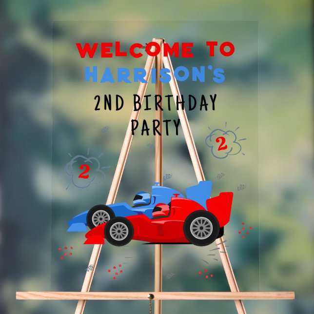 Two Fast 2nd Birthday Kids Racing Cars Welcome Acrylic Sign (Neutral)