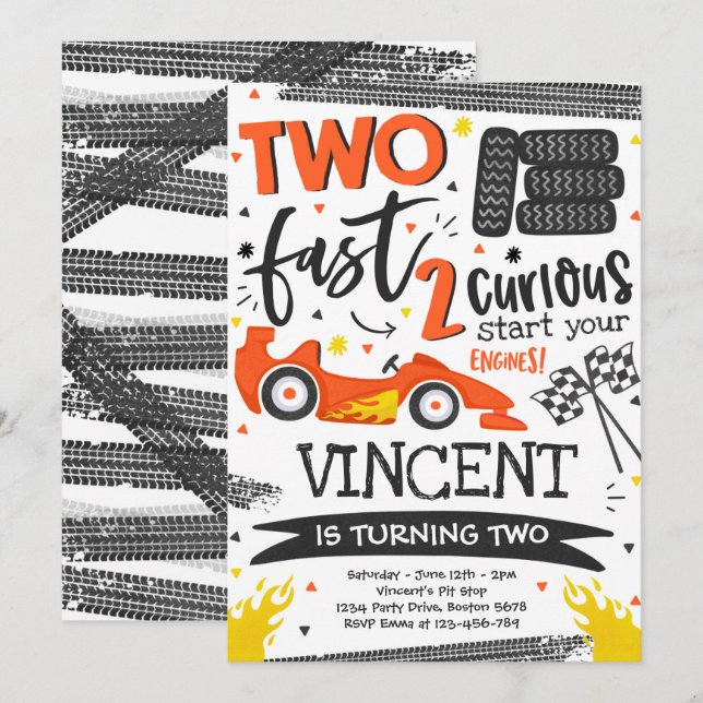 Two Fast 2nd Birthday Party Orange Race Car Party Invitation (Front/Back)