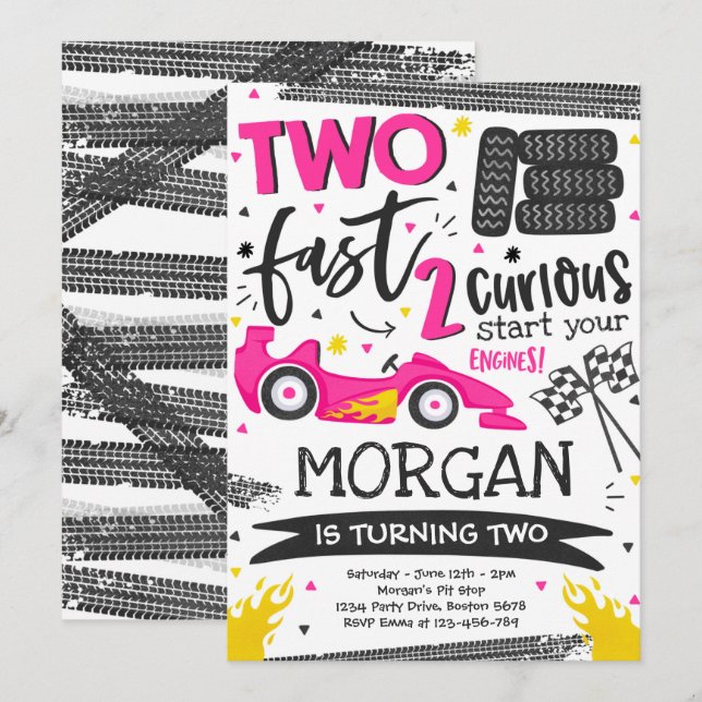Two Fast 2nd Birthday Party Pink Race Car Party Invitation (Front/Back)