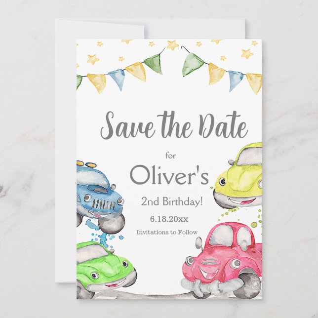 Two Fast 2nd Birthday Race Car Save The Date (Front)