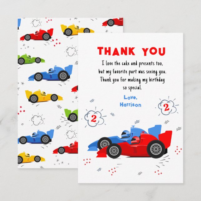 Two Fast 2nd Birthday Racing Cars Thank You Card (Front/Back)