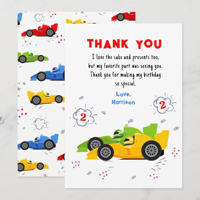 Two Fast 2nd Birthday Racing Cars Thank You Card (Front/Back)