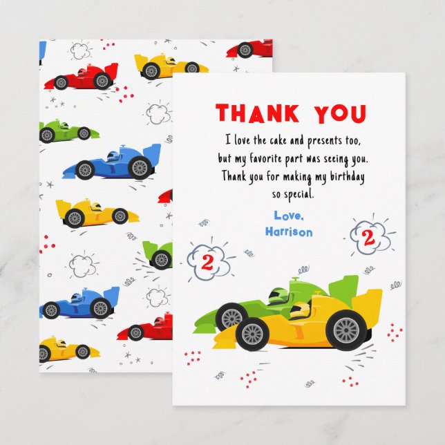 Two Fast 2nd Birthday Racing Cars Thank You Card (Front/Back)