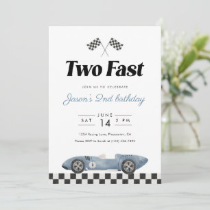 Two Fast 2nd Birthday Vintage Race Car Watercolor Invitation