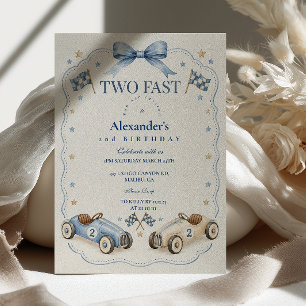 Two Fast Birthday Blue Bow Racing Invitation