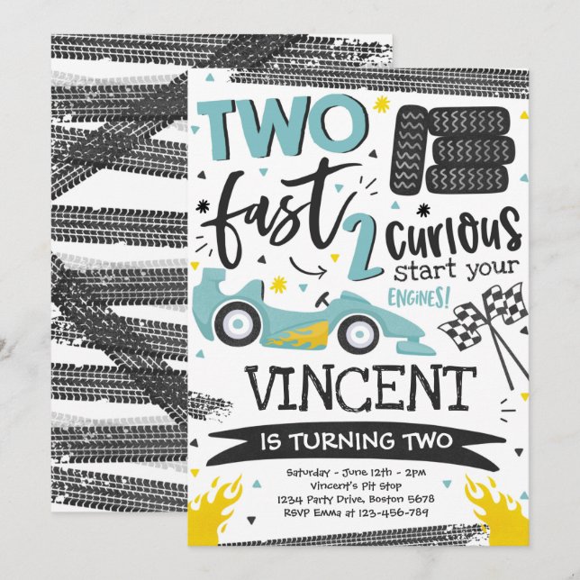 Two Fast Birthday Party Blue Race Car 2nd Birthday Invitation (Front/Back)