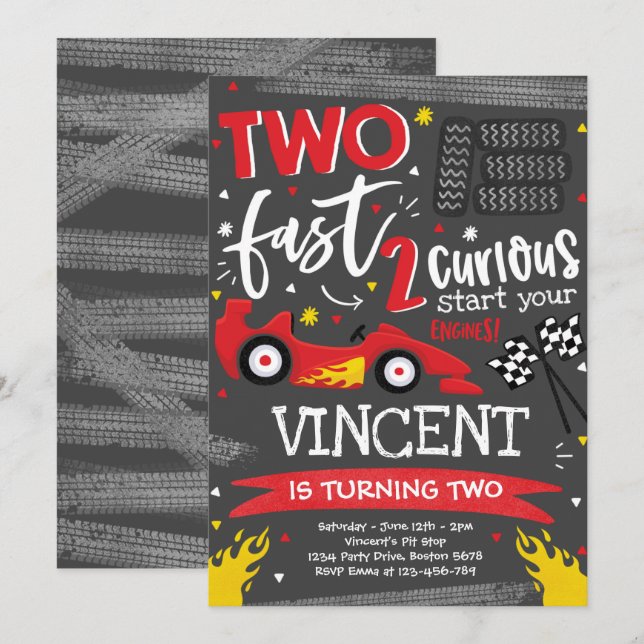 Two Fast Birthday Party Red Race Car 2nd Birthday  Invitation (Front/Back)