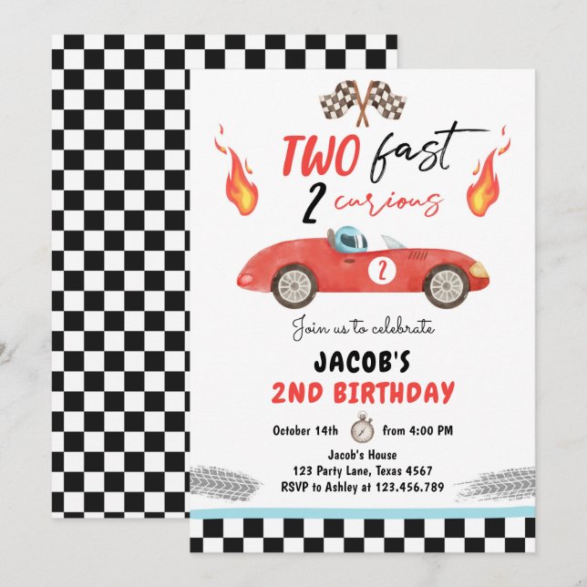 Two Fast Birthday Party Red Race Car 2nd Birthday  Invitation (Front/Back)
