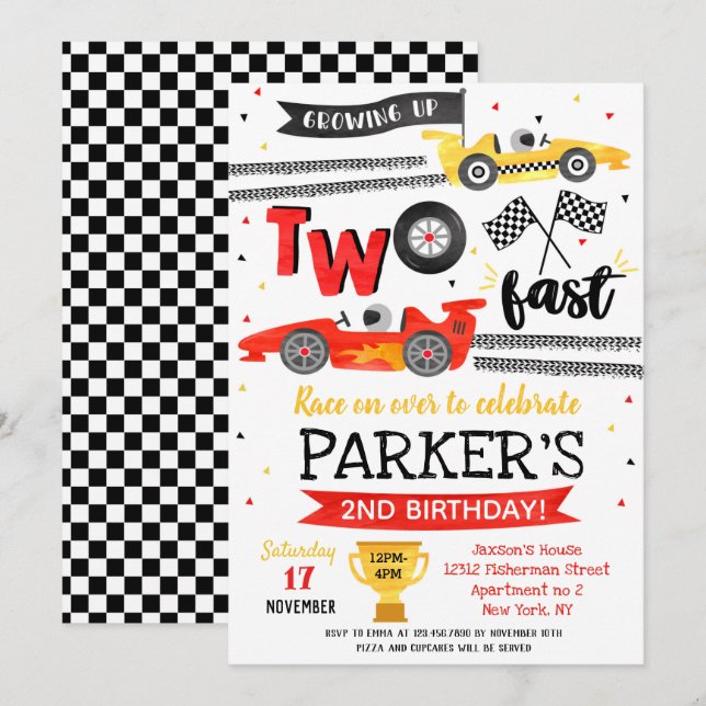 Two Fast Birthday Party Red Race Car 2nd Birthday  Invitation (Front/Back)