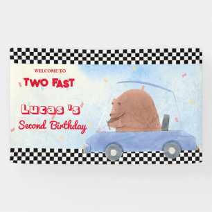 Two Fast Blue Bear Race Car 2nd HBD Party Banner