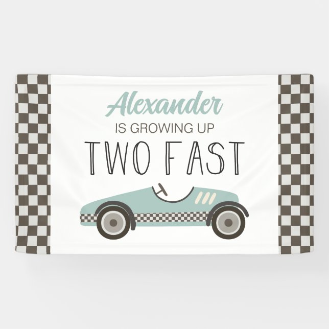 Two Fast Blue Race Car 2nd Birthday Banner (Horizontal)