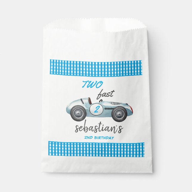 Two Fast Blue Race Car 2nd Birthday Invitation Favour Bags (Front)