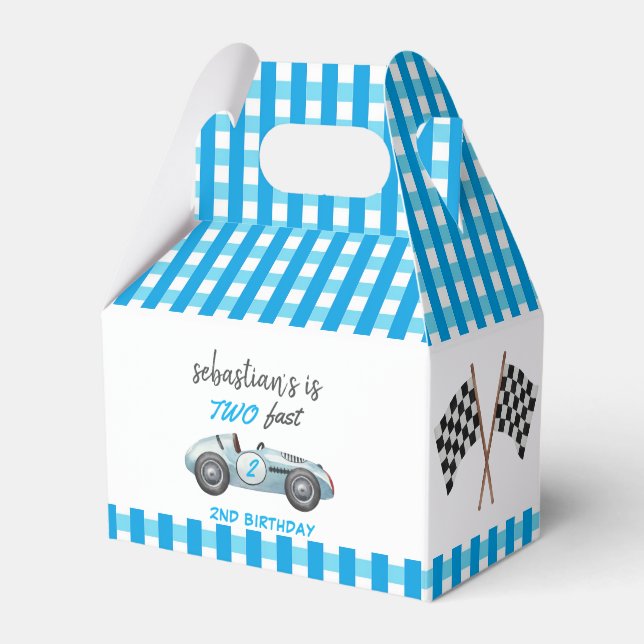 Two Fast Blue Race Car 2nd Birthday Invitation Favour Box (Front Side)