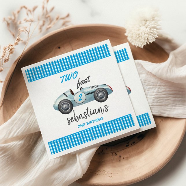 Two Fast Blue Race Car 2nd Birthday Invitation Napkin (Creator Uploaded)