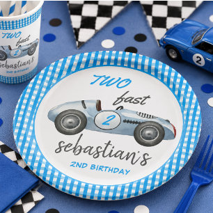 Two Fast Blue Race Car 2nd Birthday Invitation Paper Plate